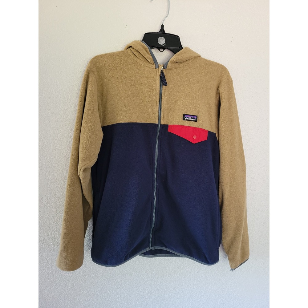 Patagonia Boys Synchilla Full Zip Fleece Hoodie Tan Navy Blue Red Kids XL 14 #3